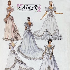 May include: An illustration of several wedding gowns. The gowns feature puff sleeves, intricate lace detailing, and flowing skirts. The gowns are in shades of white and blush pink. The text "Alicyn Exclusives" is at the top.
