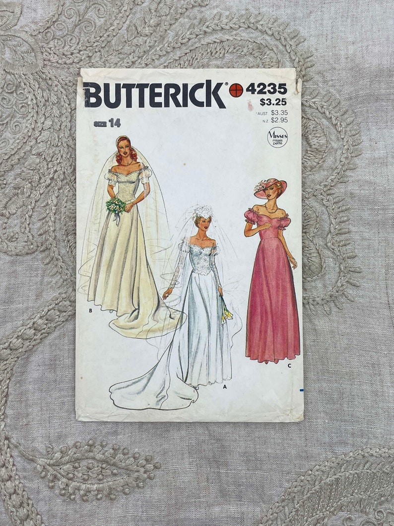 Butterick 4235 Off the Shoulder Shaped Princess Wedding Gown Pattern with Basque Waist and Detachable Train Size 14 36 Uncut FF image 2