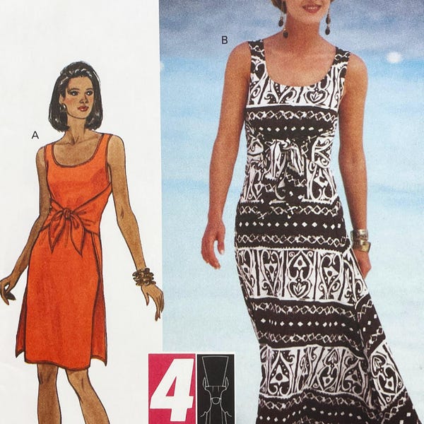 May include: A sewing pattern illustration featuring two sleeveless dress variations. View A is a solid orange knee-length dress with a front tie waist. View B is a floor-length black and white patterned dress with a scoop neckline and front tie.