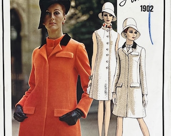 Vogue 1902 - (Shortened) Lanvin 1960s Button Front Dress and Trench Coat Pattern  - Size 12 (34") - Cut (Length Shortened by 1.25")