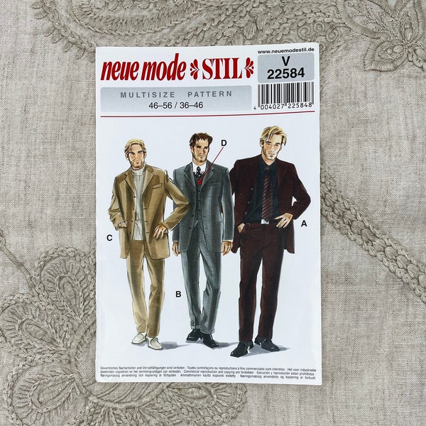 Neue Mode 22584 - Men's Four Button Three Piece Suit Pattern - Size 36-46 - Uncut (FF)