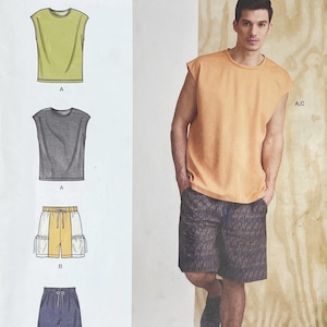 May include: An orange sleeveless shirt and patterned shorts are modeled on a person. The image also shows illustrations of sleeveless shirts and shorts in various colors and styles. The image is likely for a clothing pattern or fashion design.