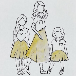 May include: Illustration of three figures in a watercolor style. The figures are wearing white tops and mustard yellow skirts. The central figure is taller, with the other two figures being shorter. The figure on the left has a heart on their shirt.