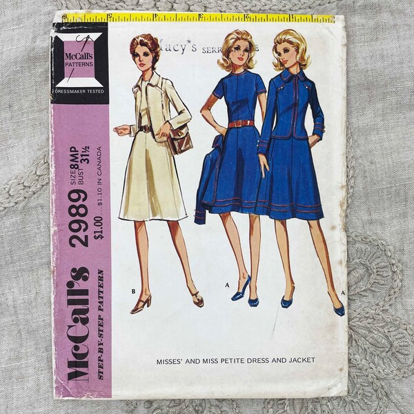 McCall's 2989 - 1970s Sheath Dress with Peter Pan Collar Jacket - Size 8 Petite (31.5") - Uncut (FF)