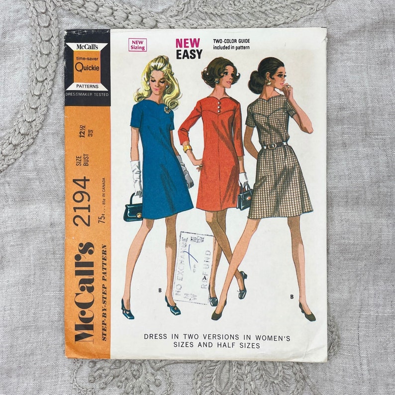 McCall's 2194 1960s A-Line Shift Dress with Shaped Yoke Pattern Size 12 1/2 35 Cut image 1