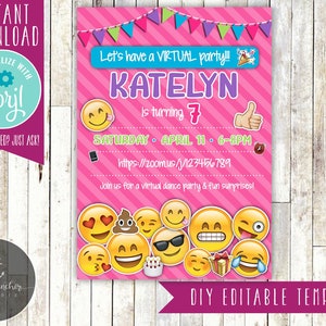 May include: A pink and white printable invitation with a pink and purple banner that says "Let's have a VIRTUAL party!!" and "KATELYN is turning 7". The invitation has a Zoom link and says "Join us for a virtual dance party & fun surprises!"  The invitation is decorated with emojis.