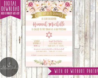 Invitación para Bat Mitzvah, floral, rosa y dorada, elegante, con foto - Imprimible DIY