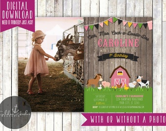 Girl Farm Birthday Invitation, Barnyard Birthday Invite, Farm Animals Invitation, Old McDonald, Photo - Printable DIY