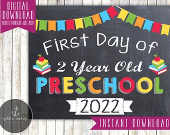 Eerste dag van 2-jarige voorschoolse teken - 1e dag van schoolbord - eerste schooldag - foto Prop schoolbord - afdrukbaar, Instant Download
