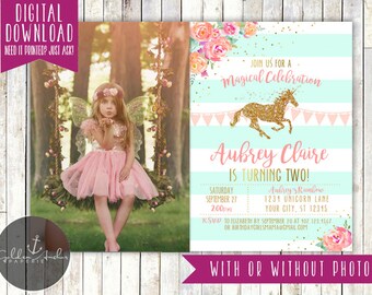 May include: A printable invitation for a girl's second birthday party. The invitation features a pink and green color scheme with a glitter unicorn and a floral design. The text on the invitation reads "Join us for a Magical Celebration Aubrey Claire is turning two!"