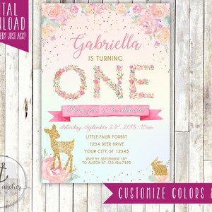 Faire-part d&#39;anniversaire petit cerf, faire-part de fête cerf et fleurs, bohème chic, floral boisé, cerf - imprimable DIY