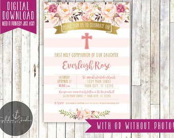 Communion Invitation, Baptism Invitation, Christening Invite, Floral, Vintage, Photo - Printable DIY