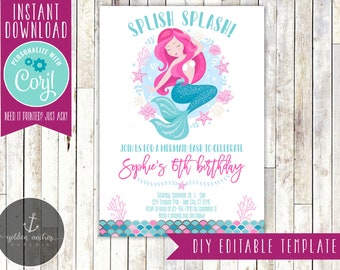 Editable Mermaid Birthday Invitation, Mermaid Birthday, Mermaid Invite, Sleepover Party, Girl Birthday - Printable DIY - EDITABLE TEMPLATE