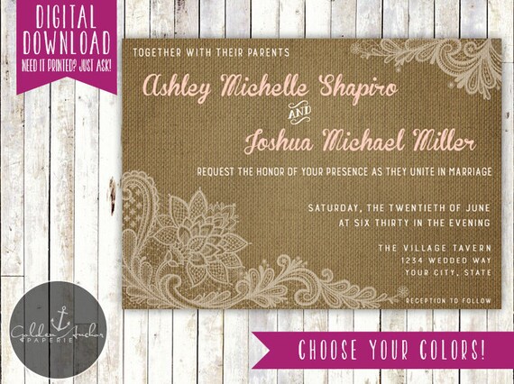 Rustic Burlap Lace Wedding Invitation Shower Invite Any