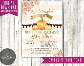 Little Pumpkin Baby Shower Invitation, Fall Pumpkin Baby Shower Invite, Floral, Glitter, Gold - Printable DIY