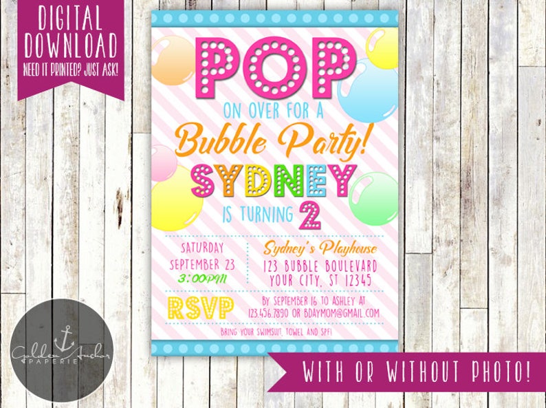 Bubble Birthday Invitation, Bubbles Birthday Invite, Bubble Party, Rainbow Bubbles, Photo Printable DIY image 3