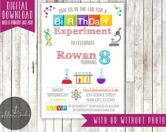Science Birthday Party Invitation, Science Party Invite, Scientist, Mad Scientist, Photo - Printable DIY