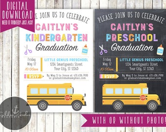 May include: Two graduation announcement designs. One is white with pink and blue text, the other is black with colorful text. Both feature a school bus graphic, scissors, glue, and the text "Caitlyn's Kindergarten/Preschool Graduation".