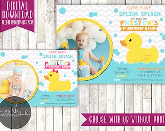 May include: A blue and yellow invitation with a rubber ducky and the text "Quack Quack Splish Splash It's time for Preston's 1st Birthday Bash!"  The invitation has a photo placeholder and a space for the party details.