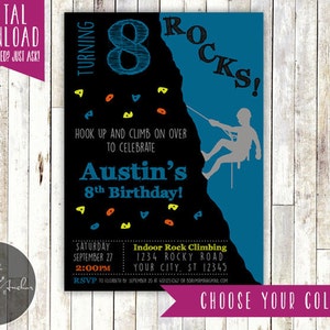 Può includere: Un invito di compleanno blu e nero per un ottavo compleanno. L'invito presenta una silhouette di una persona che fa arrampicata con il testo "Turning 8 Rocks!" e "Austin's 8th Birthday!" L'invito include anche i dettagli per la festa, tra cui la data, l'ora e la posizione.