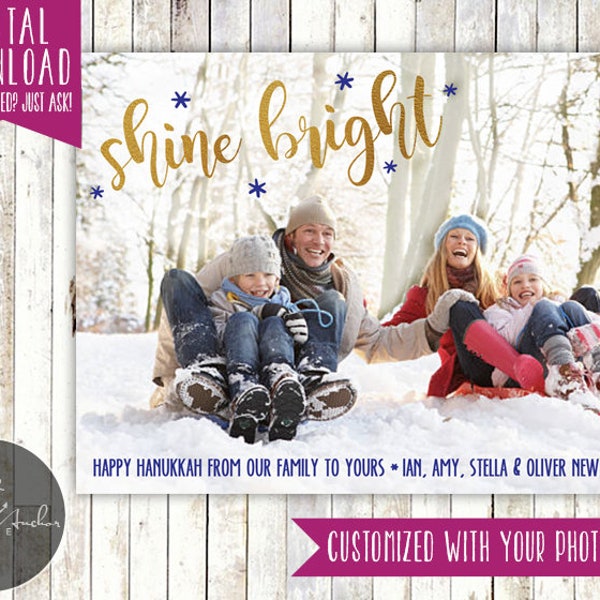 Shine Bright - Hanukkah Photo Card - Rustic - Happy Hanukkah - Gold - Picture - Printable DIY