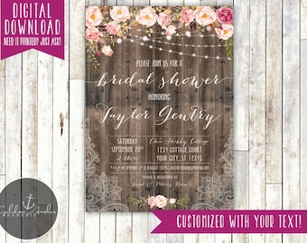 Rustic Floral & Lace String Lights Bridal Shower Invitation, Baby Shower Invite, Birthday Party - Printable DIY