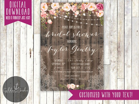 Rustic Floral & Lace String Lights Bridal Shower Invitation, Baby Shower Invite, Birthday Party - Printable DIY Il_570xn