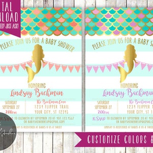 Mermaid Baby Shower Invitation, Under The Sea Baby Shower, Mermaid Shower Invite, Mermaid Invitation, Purple, Coral, Pink Printable DIY image 1