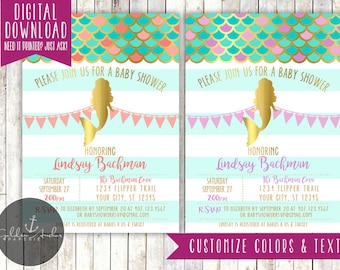 May include: A printable baby shower invitation with a mermaid silhouette in gold, pink and turquoise colors. The invitation says "Please join us for a baby shower honoring Lindsay Bachman".