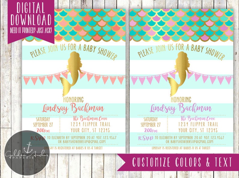 Mermaid Baby Shower Invitation, Under The Sea Baby Shower, Mermaid Shower Invite, Mermaid Invitation, Purple, Coral, Pink Printable DIY image 1