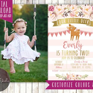Faire-part d&#39;anniversaire petit cerf, cerf et fleurs, Boho Chic, bois, cerf, photo - imprimable DIY