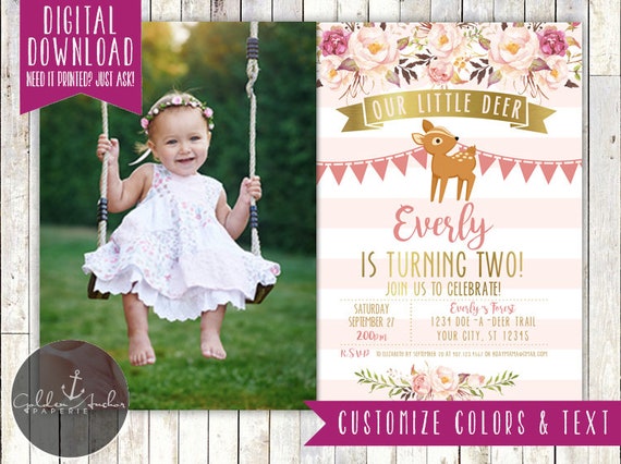 Little Deer Birthday Invitation, Deer and Flowers Party Invitation, Boho Chic, Woodland, Deer, Photo - Printable DIY Il_570xn