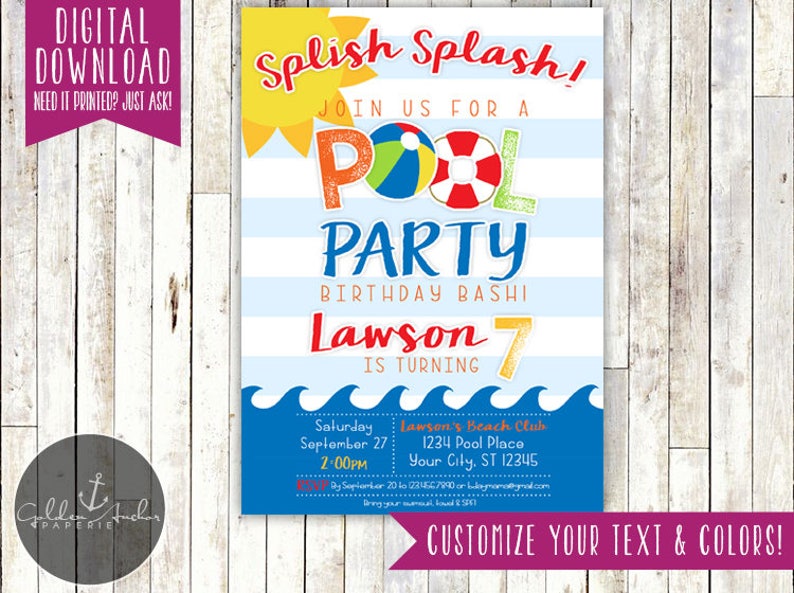K&ouml;nnte beinhalten: Eine blau-wei&szlig; gestreifte Einladung mit einem bunten Poolparty-Thema. Der Text lautet "Splish Splash! Join us for a Pool Party Birthday Bash Lawson 7 is turning". Die Einladung enth&auml;lt Details zur Party, einschlie&szlig;lich Datum, Uhrzeit und Ort.