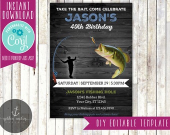 Editable Fishing Birthday Invitation, Adult Birthday Party Invite, Fisherman, Country, Bass, Man Birthday -Printable DIY - EDITABLE TEMPLATE