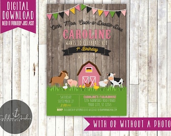 Girl Farm Birthday Invitation, Barnyard Birthday Invite, Farm Animals Invitation, Old McDonald, Photo - Printable DIY