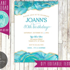 Editable Turquoise Agate Birthday Invitation, Adult Birthday, Teal Birthday Party, Marble, Geode, Gold - Printable DIY - EDITABLE TEMPLATE