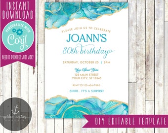 Editable Turquoise Agate Birthday Invitation, Adult Birthday, Teal Birthday Party, Marble, Geode, Gold - Printable DIY - EDITABLE TEMPLATE