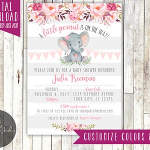 Elephant Baby Shower Invitation, Floral Baby Shower Invite, Little Peanut, Rustic - Printable DIY