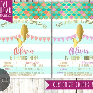 Mermaid Birthday Invitation, Mermaid Invitation, Mermaid Party, Under the Sea, Purple, Coral, Teal, Mermaid, Gold, Photo Printable image 1