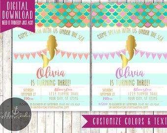 Mermaid Birthday Invitation, Mermaid Invitation, Mermaid Party, Under the Sea, Purple, Coral, Teal, Mermaid, Gold, Photo - Printable