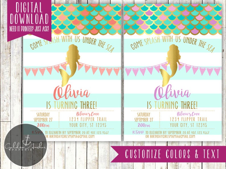 Mermaid Birthday Invitation, Mermaid Invitation, Mermaid Party, Under the Sea, Purple, Coral, Teal, Mermaid, Gold, Photo Printable image 1