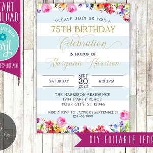 Blumen Geburtstagseinladung, Geburtstag für Erwachsene, Meilenstein, Geburtstagsfeier einladen, Blumen, Frau Geburtstag - Printable DIY - EDITIERBARE VORLAGE