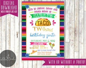 Taco TWOsday Birthday Party Invitation, Second Birthday, Fiesta Invite, Photo - Printable DIY