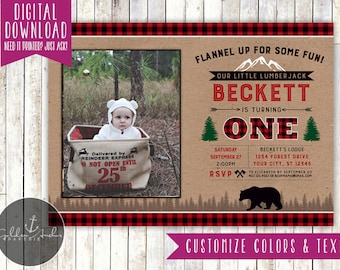 Invitación de cumpleaños de leñador, invitación para fiesta en el bosque, cuadros rojos de búfalo, bosque, camping, oso, foto - Imprimible DIY