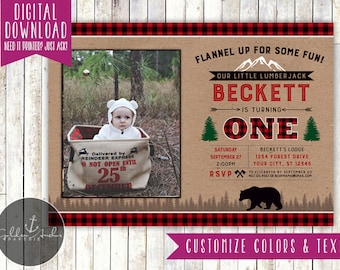 Lumberjack Birthday Invitation, Forest Party Invitation, Red Buffalo Plaid, Woodland, Camping, Bear, Photo - Printable DIY