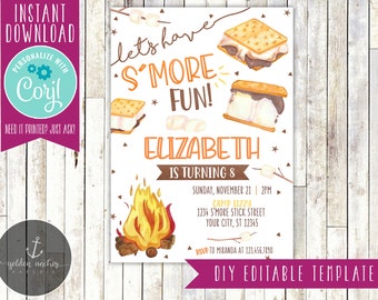 May include: A printable invitation for a s'mores themed birthday party. The invitation features a watercolor illustration of a campfire, marshmallows, and graham crackers. The text on the invitation reads "Let's have s'more fun! Elizabeth is turning 8. Sunday, November 21 | 2PM. Camp Lizzy. 1234 S'more Stick Street. Your City, ST 12345. RSVP to Miranda at 123.456.7850. DIY Editable Template."