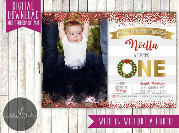 Christmas Birthday Invitation - Christmas Birthday Invite - Glitter - Confetti - Holiday, Photo, Picture - Printable DIY Il_570xn