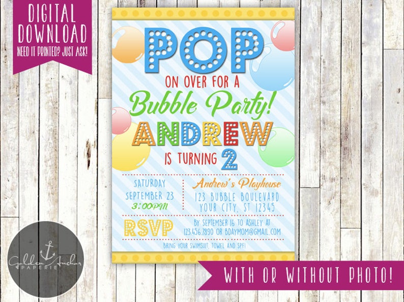 Bubble Birthday Invitation, Bubbles Birthday Invite, Bubble Party, Rainbow Bubbles, Photo Printable DIY image 1