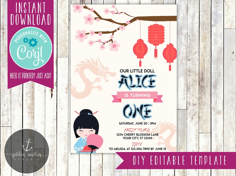 Editable Japanese Cherry Blossom Birthday Invitation, Geisha Birthday, Lantern Birthday Party, Invite Printable DIY EDITABLE TEMPLATE image 1