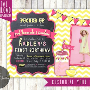 Pink Lemonade Birthday Invitation, Lemonade & Sunshine Invite, Photo Printable DIY image 1